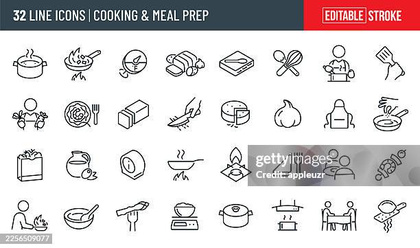 cooking and meal prep thin line icons - editable stroke - pot roast stock illustrations