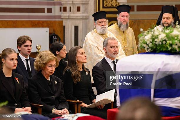 Princess Sofía of Spain, Queen Sofia of Spain, Queen Letizia of Spain and King Felipe VI of Spain attend the funeral of Princess Irene of Greece and...