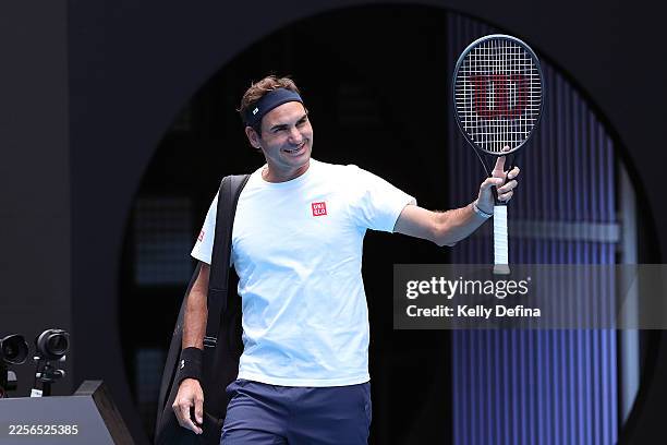 Roger Federer of Switzerland arrives to court during a practice session ahead of the 2026 Australian Open at Melbourne Park on January 16, 2026 in...