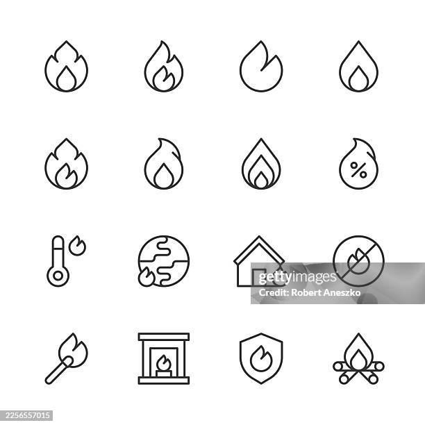 fire line icons. editable stroke. contains such icons as fire, flame, firefighter, global warming, wildfire, heat, warning, energy, smoke. - forest fire stock illustrations