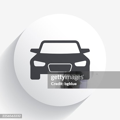 Car - front view. Icon on circle button with long shadow Car - front view. Icon on circle button with long shadow