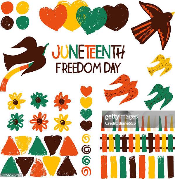 colorful juneteenth elements in a retro textured style - underground railroad slavery stock illustrations