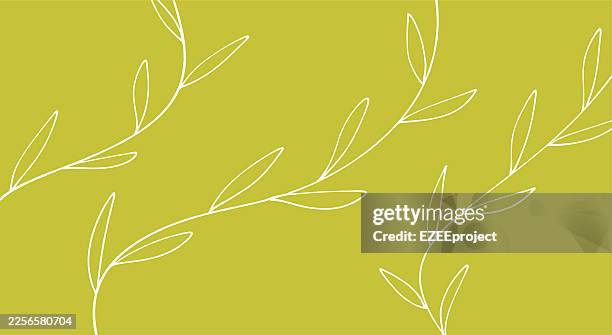 simple white leaf line art pattern on olive green background. minimalist botanical illustration with thin white leaf outlines. modern aesthetic background with elegant hand drawn foliage - khaki stock illustrations