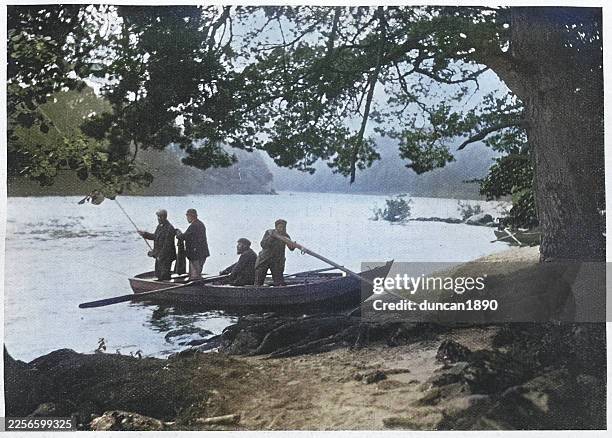 victorian men in a boat, fishing in a river, vintage photograph 1890s 19th century - rowing boat stock illustrations