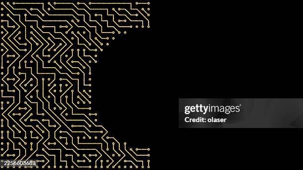black background with gold electronic circuit board pattern concentrated on one side, showing intricate lines and round nodes with clear contrast and sharp edges. - science technology engineering math stock illustrations
