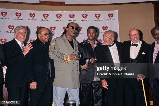 Jazz singer Tony Bennett, producer Quincy Jones and musicians Stevie Wonder and Babyface at the MusiCares Foundation Tribute To Stevie Wonder,...