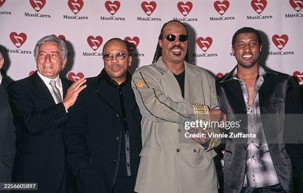 Jazz singer Tony Bennett, producer Quincy Jones and musicians Stevie Wonder and Babyface at the MusiCares Foundation Tribute To Stevie Wonder,...