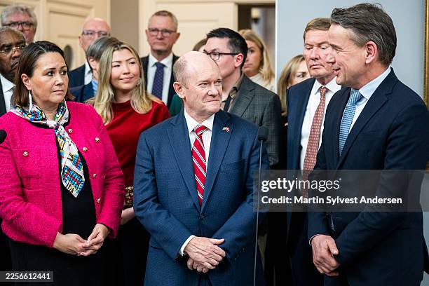 Senator Chris Coons speaks at a press conference at Christiansborg Palace on January 16, 2026 in Copenhagen, Denmark. US Senator Chris Coons is...