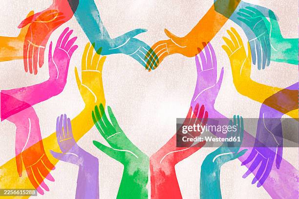 illustrazioni stock, clip art, cartoni animati e icone di tendenza di colorful hands forming a heart shape in a unity and love illustration - altruismo