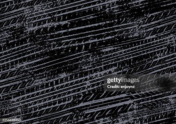 ilustraciones, imágenes clip art, dibujos animados e iconos de stock de fondo de ilustración de stock de pistas de neumáticos negros sin costuras - rastro de vehículo