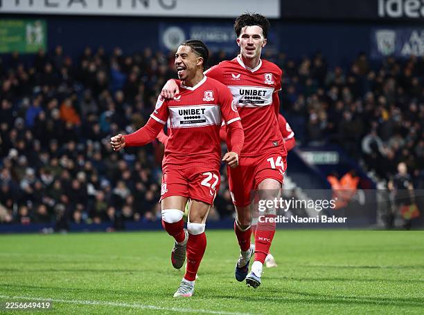 Samuel Silvera of Middlesbrough celebrates scoring his team's second goal with Alex Gilbert during the Sky Bet Championship match between West...