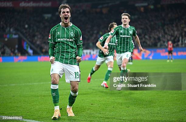 Jovan Milosevic of SV Werder Bremen celebrates the team's third goal during the Bundesliga match between SV Werder Bremen and Eintracht Frankfurt at...