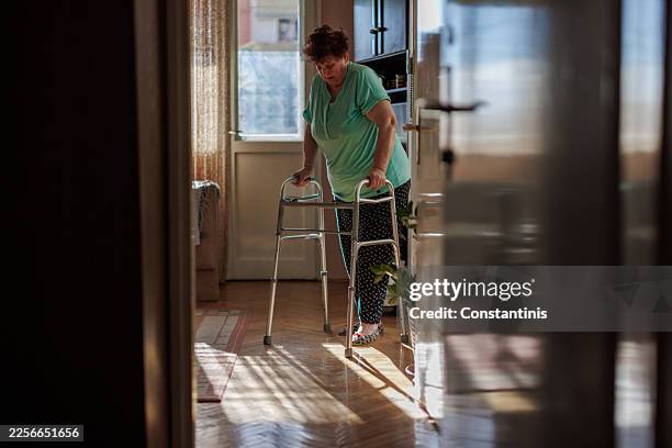 senior elderly woman with walker carefully navigating her home interior with sunlight streaming in - mobility walker stock pictures, royalty-free photos & images