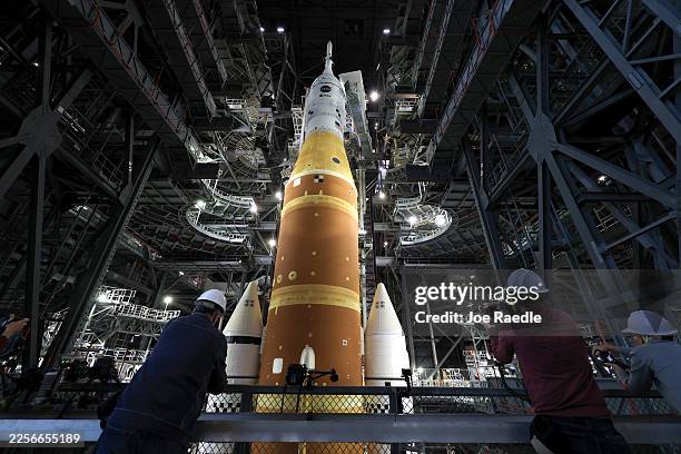 S Artemis II sits in the Vehicle Assembly Building at NASA’s Kennedy Space Center on January 16, 2026 in Cape Canaveral, Florida. NASA’s integrated...