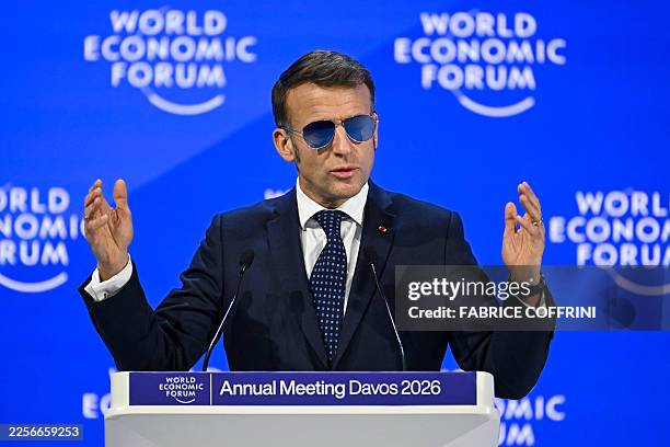 France's President Emmanuel Macron gestures as he delivers a speech during the World Economic Forum annual meeting in Davos on January 20, 2026. The...