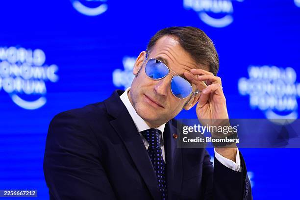 Emmanuel Macron, France's president, during the World Economic Forum in Davos, Switzerland, on Tuesday, Jan. 20, 2026. The annual Davos gathering of...