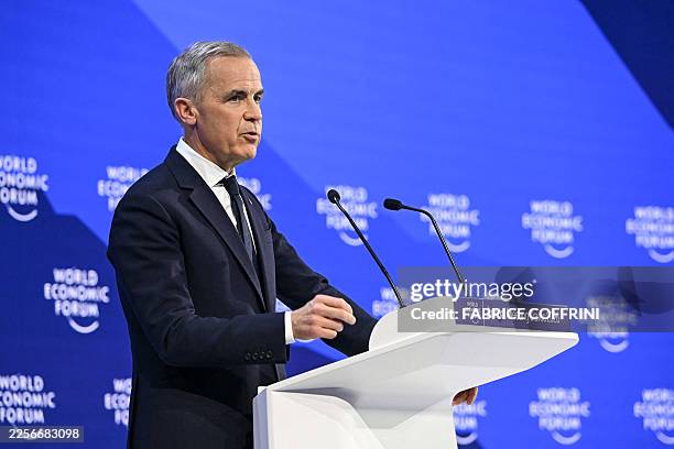 Canada's Prime Minister Mark Carney delivers a speech during the World Economic Forum annual meeting in Davos on January 20, 2026. The World Economic...
