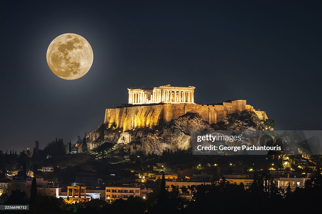 Full moon over the Acropolis of Athens, Greece