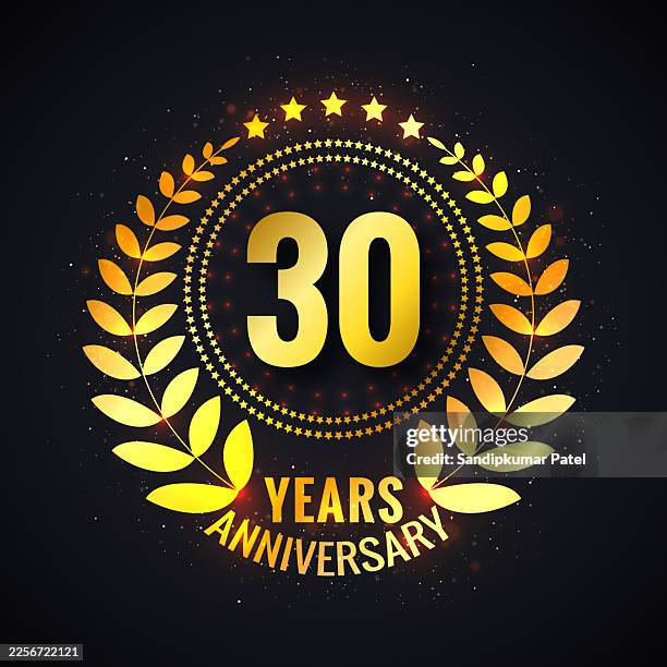 30th years anniversary decorative golden frame label design on black background - happy anniversary card stock illustrations