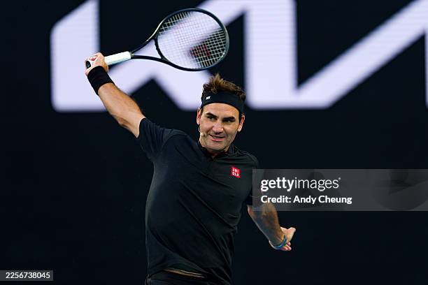Roger Federer of Switzerland plays backhand during the Opening Ceremony ahead of the 2026 Australian Open at Melbourne Park on January 17, 2026 in...