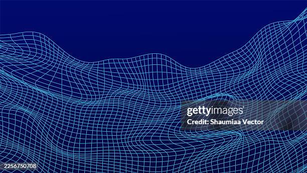 abstract futuristic mountain topography white line art vector on blue background, wireframe landscape grid map with contour lines, low poly peaks, ai data connections, geometric technology illustration - contour line stock illustrations