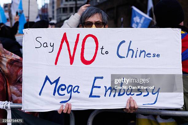 Protesters outside a proposed site for a new Chinese Embassy on January 17, 2026 in London, England. China plans to build Europe's largest embassy on...