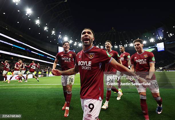 Callum Wilson of West Ham United celebrates scoring his team's second goal during the Premier League match between Tottenham Hotspur and West Ham...