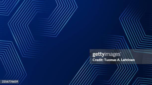 several big fading hexagons made of light blue lines on blue background. technology, connection and data concept. - good condition stock pictures, royalty-free photos & images