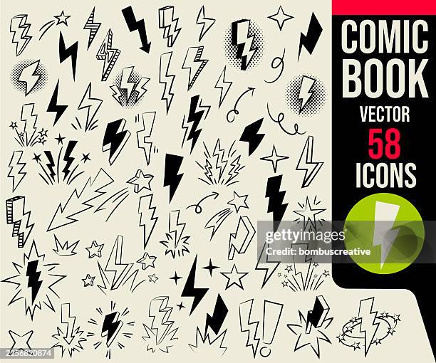 comic thunderbolt vector icon set - thunderstorm stock illustrations