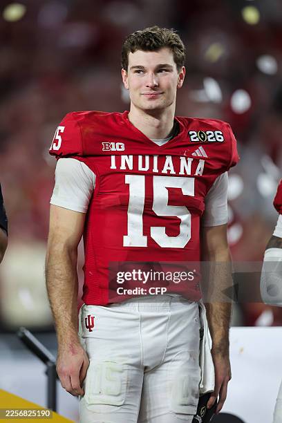 Fernando Mendoza of the Indiana Hoosiers waits on stage after of the College Football Playoff National Championship between the Indiana Hoosiers and...
