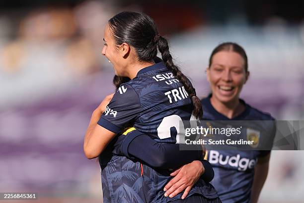Peta Trimis of the Mariners celebrates a goal with teammates during the round 13 A-League Women match between Central Coast Mariners and Perth Glory...