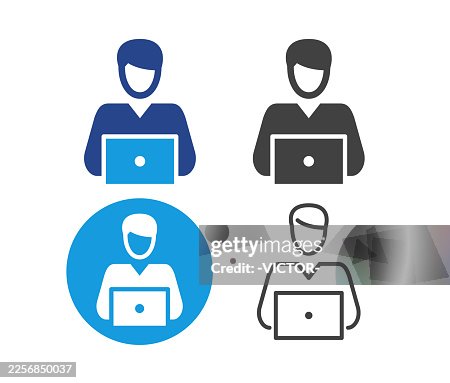 Young Man and Laptop - Illustration Icons Young Man and Laptop - Illustration Icons
