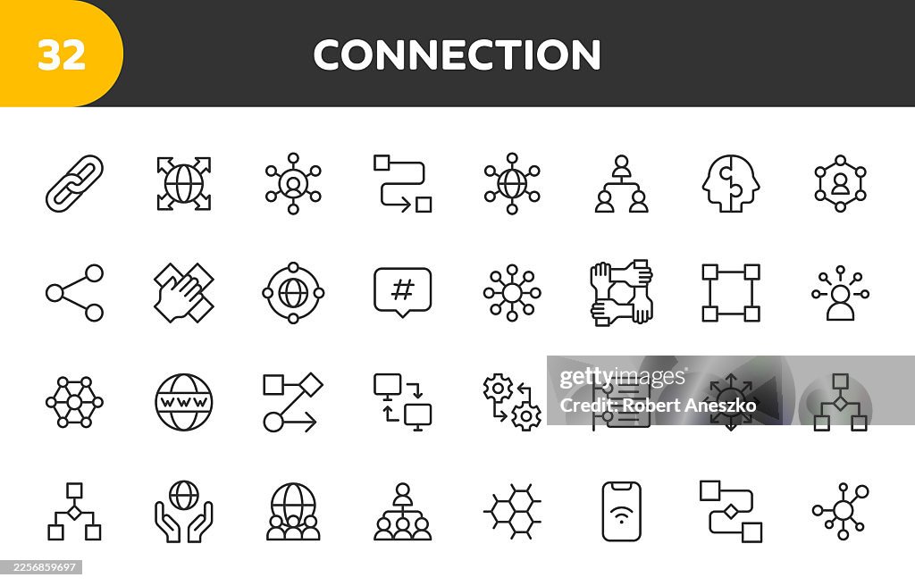 Connection Line Icons. Editable Stroke. Contains such icons as Connection, Communication, Community, Internet, Network, Internet, Social Media, Link, Teamwork, Group.