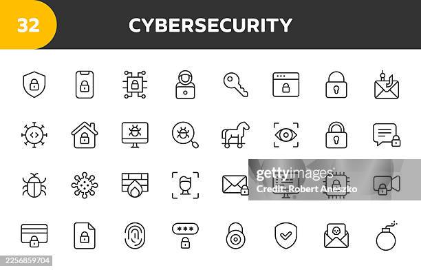 cyber security line icons. editable stroke. contains such icons as bug, virus, trojan horse, hacker, thief, network, password, identity, surveillance, firewall, programming, privacy. - computer virus stock illustrations