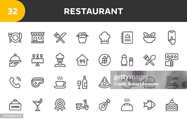 restaurant line icons. editable stroke. contains such icons as bakery, breakfast, chef, delivery, dessert, dinner, drink, food, kitchen, menu, eating. - bakery store stock illustrations