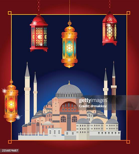 ramadan mubarak in istanbul, hagia sophia - islamic architecture stock illustrations