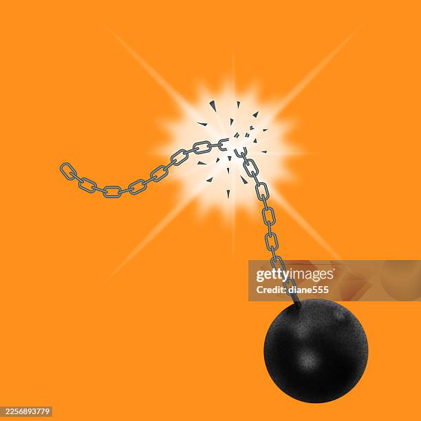 broken ball and chain on bright color background - prisoner orange stock illustrations