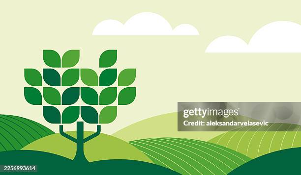 illustrations, cliparts, dessins animés et icônes de paysage abstrait géométrique ondulant des collines avec arbre - paysage vallonné
