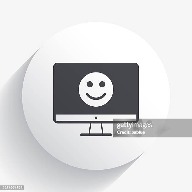 desktop computer with happy emoji. icon on circle button with long shadow - smiley face badge stock illustrations
