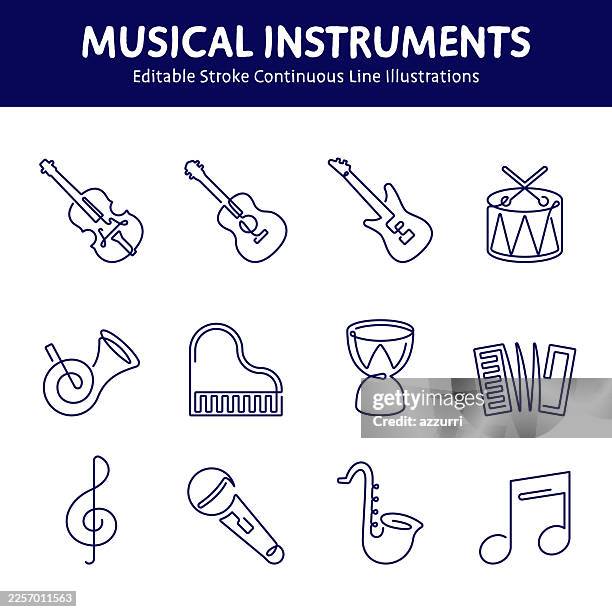 musical instruments continuous line illustrations set - wind instrument stock illustrations