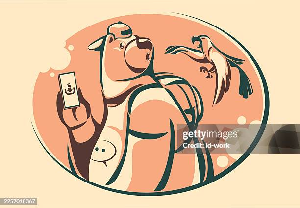 eagle blaming bear who is using smartphone - mobile phone over shoulder stock illustrations