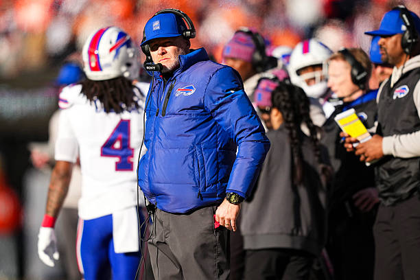 Buffalo Bills head coach Sean McDermott looks on from the sideline during an NFL divisional playoff football game against the Denver Broncos at...