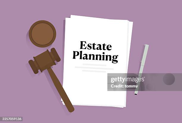 estate planning documents with gavel on table - inheritance vector stock illustrations