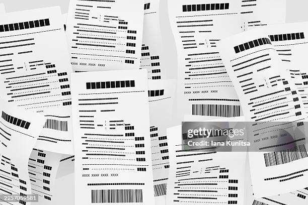 abstract 3d background with scattered receipts and bills showing barcodes and text lines. concept of expenses, accounting, taxes, paperwork, financial reports, business documents and data management. - tax code stock pictures, royalty-free photos & images