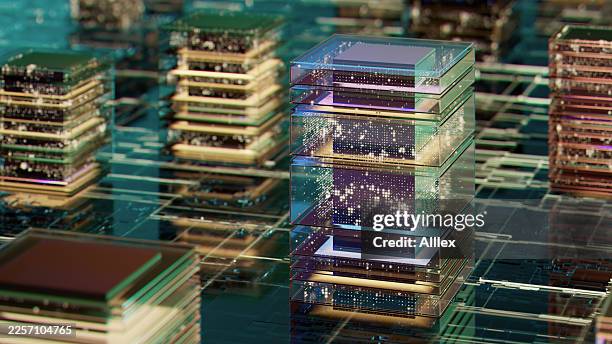 bloques de datos futuristas apilados como cubos de cristal en un entorno urbano abstracto y luminoso con partículas luminosas - compuesto digital fotografías e imágenes de stock