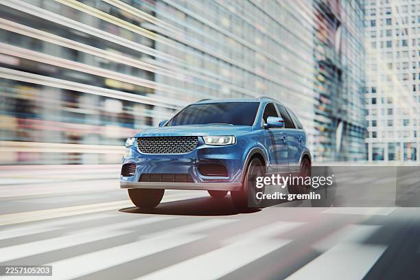 suv moderno genérico que va a exceso de velocidad en la ciudad - suv fotografías e imágenes de stock