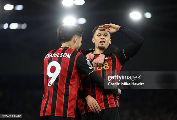 Marcus Tavernier of AFC Bournemouth celebrates scoring his team's first goal with Evanilson during the Premier League match between Brighton & Hove...