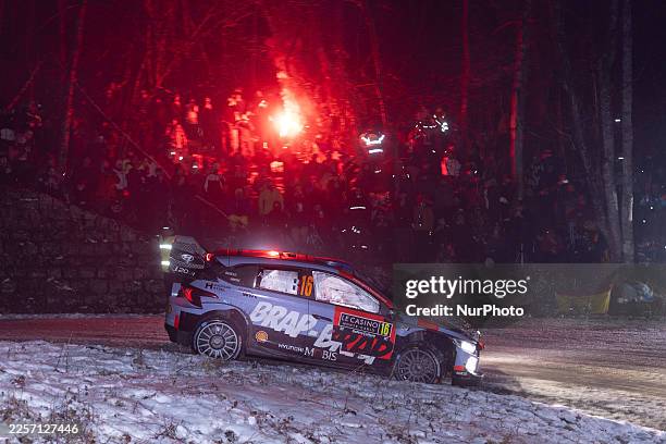Driver Hayden Paddon and co-driver John Kennard of the Hyundai Shell Mobis World Rally Team, in the Hyundai i20 N Rally1, face the first day of the...