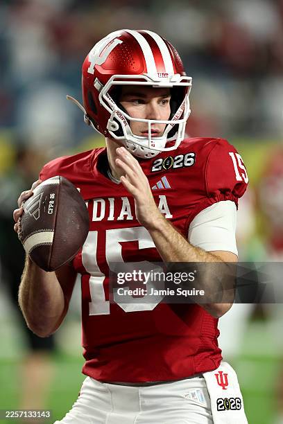 Fernando Mendoza of the Indiana Hoosiers warms up prior to a game against the Miami Hurricanes in the 2026 College Football Playoff National...