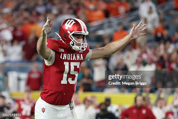 Fernando Mendoza of the Indiana Hoosiers reacts after a second quarter touchdown against the Miami Hurricanes in the 2026 College Football Playoff...